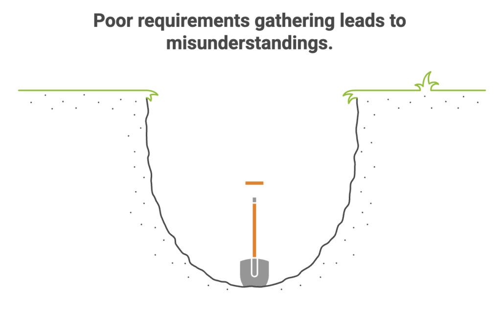 A hole in the ground with a shovel to show how poor requirements gathering leads to misunderstandings and pitfalls.