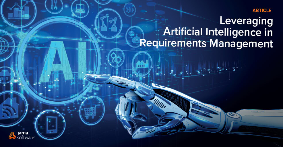 This image portrays artificial intelligence pointing to a screen to indicate it is performing requirements management.