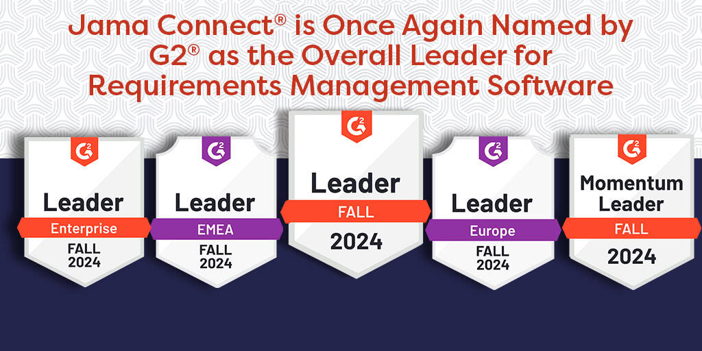 This image portrays an announcement that Jama Connect has once again been named the overall requirements management software leader by G2