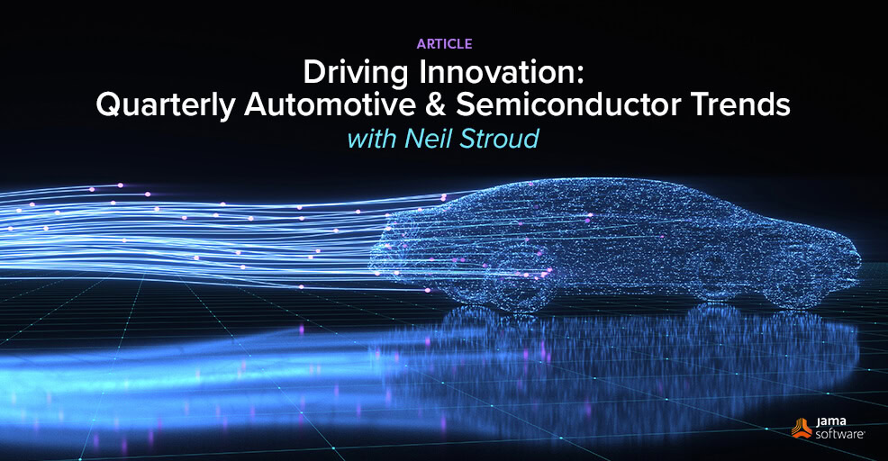 In this image, we show a vehicle lit up by several digital points to portray automotive & semiconductor trends.