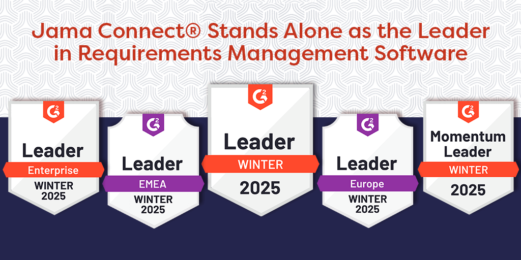 G2 awards given to Jama Connect recognizing them as the leaders in requirements management software.