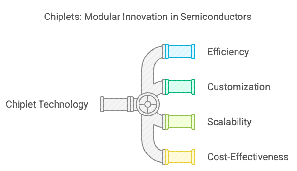 A graph made up of different pipes showing how efficiency, customization, scalability, and cost-effectiveness make up overall chiplets technology.