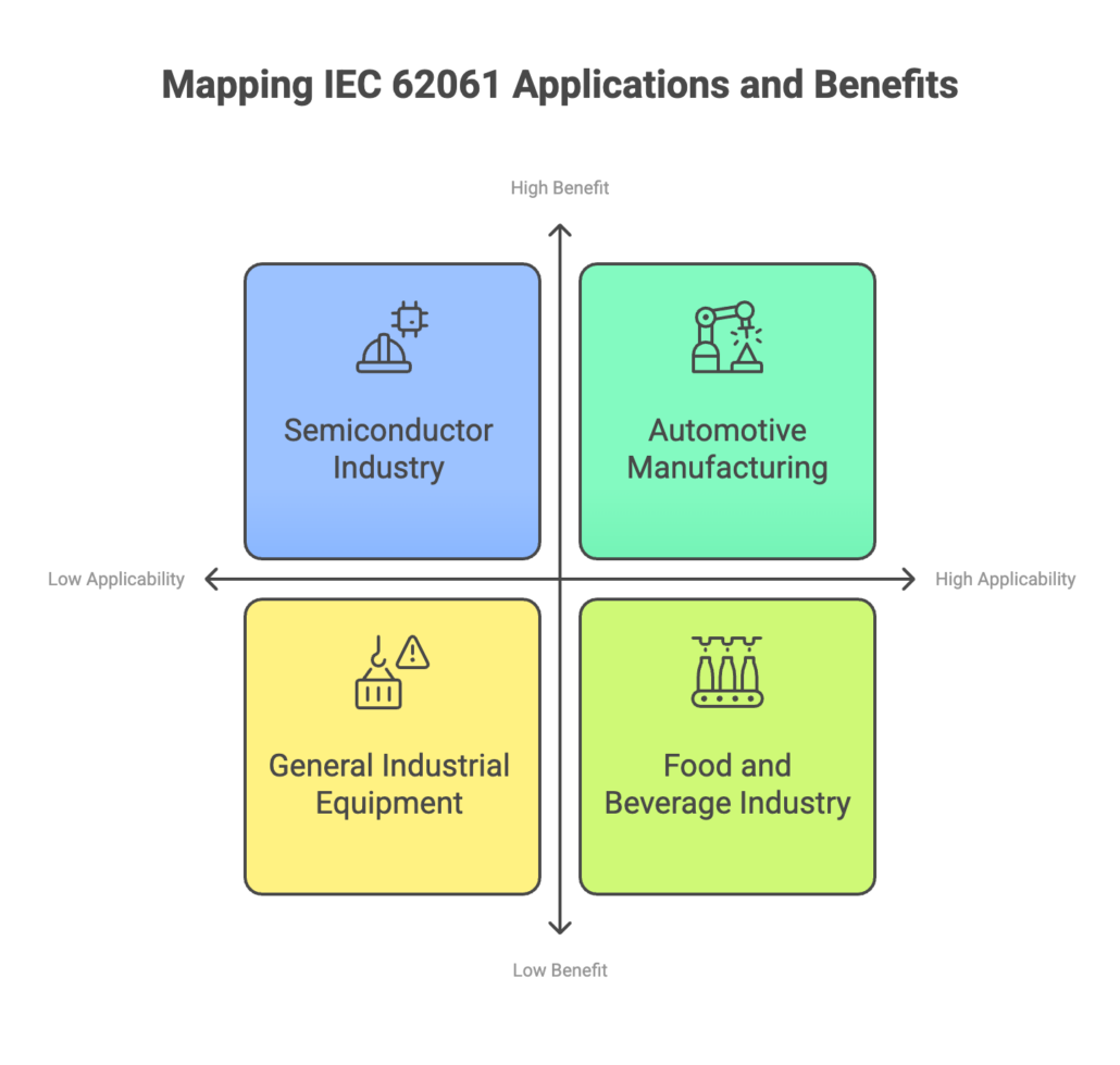 Chart mapping out the applications and benefits of IEC 62061 using semiconductor, automotive, industrial, and food and beverage industries as examples.