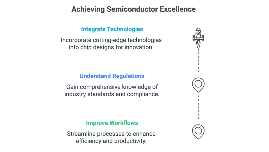 A list of the qualities that lead to semiconductor development excellence, such integrating tech, understanding regulations, and improving workflows.