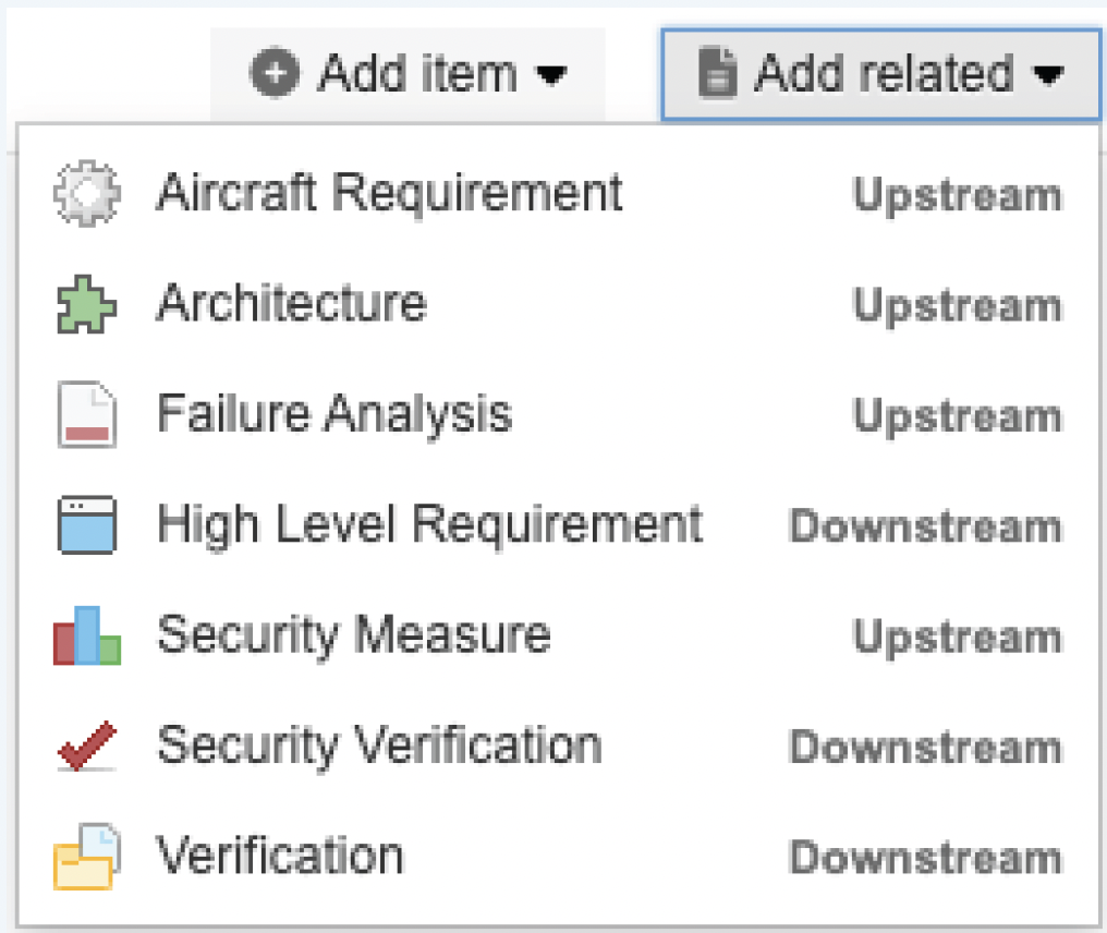 Jama Connect Airborne Framework item types.