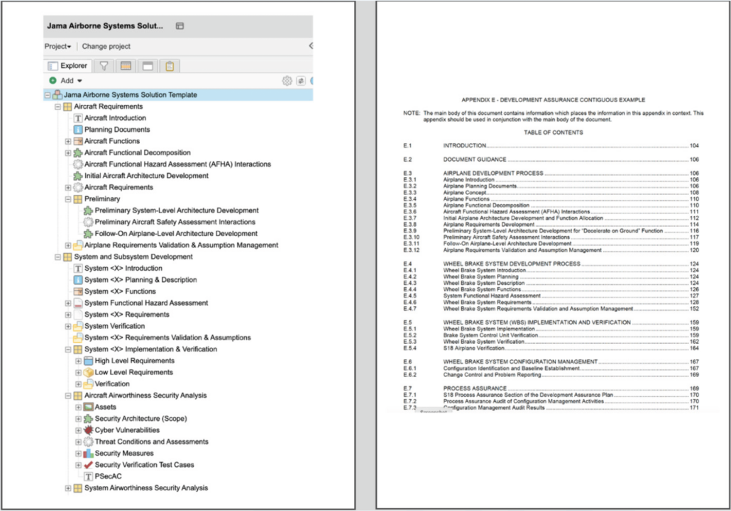 Jama Connect Airborne Systems framework showing in an explorer tree with a side-by-side comparison of how it follows SAE ARP4754B requirements structure.